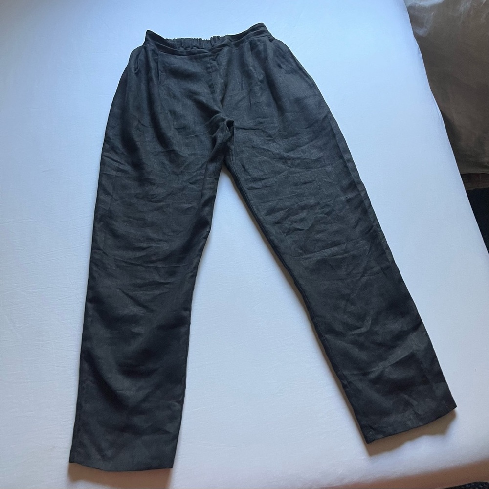 LINEN HANDMADE STUDIO black linen elastic waist straight leg pants